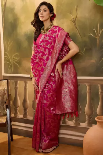 hot pink banarasi jacquard saree with golden zari weaving & tassel pallu     unstitched blouse