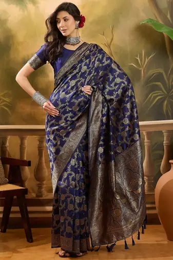 navy blue banarasi jacquard saree with golden zari weaving & tassel pallu     unstitched blouse
