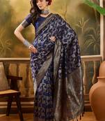 navy blue banarasi jacquard saree with golden zari weaving & tassel pallu     unstitched blouse