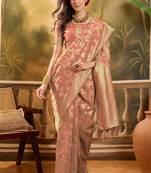 peach banarasi jacquard saree with golden zari weaving & tassel pallu     unstitched blouse