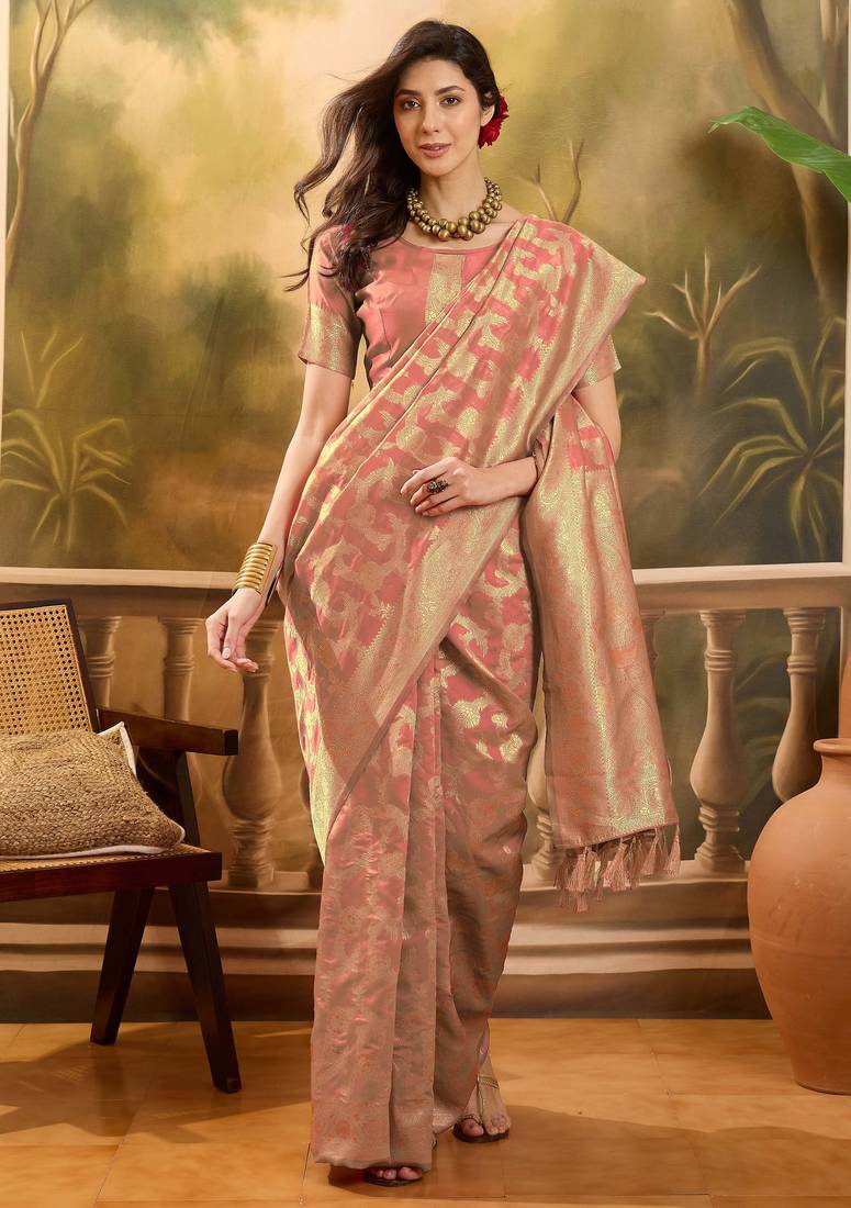 peach banarasi jacquard saree with golden zari weaving & tassel pallu     unstitched blouse