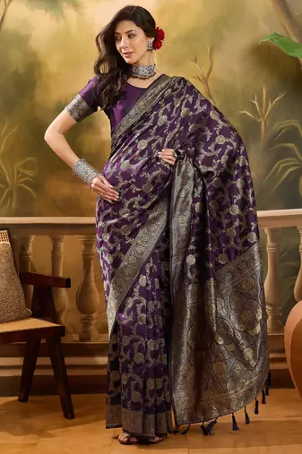 purple banarasi jacquard saree with golden zari weaving & tassel pallu     unstitched blouse