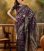 purple banarasi jacquard saree with golden zari weaving & tassel pallu     unstitched blouse