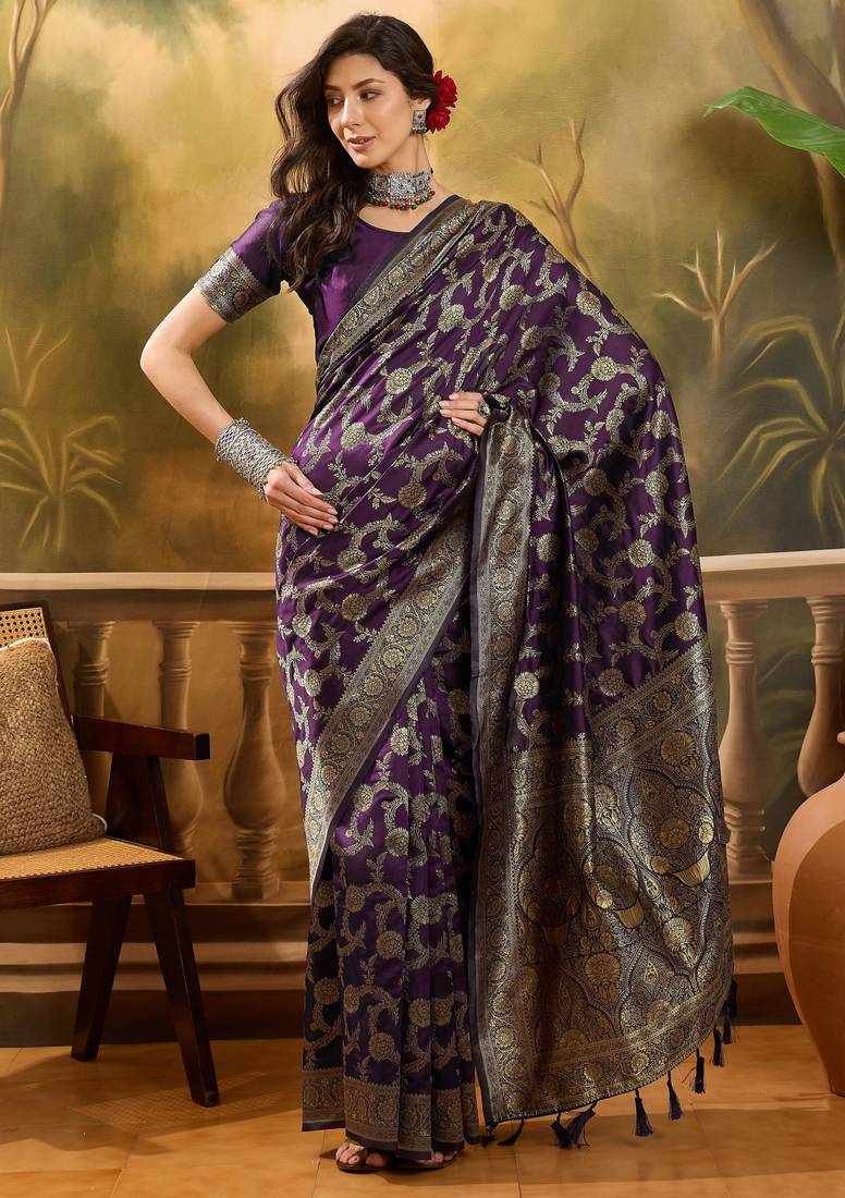 purple banarasi jacquard saree with golden zari weaving & tassel pallu     unstitched blouse
