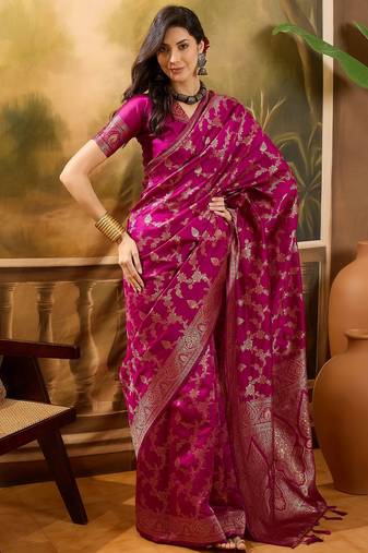 magenta banarasi jacquard saree with golden zari weaving & tassel pallu     unstitched blouse