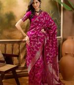 magenta banarasi jacquard saree with golden zari weaving & tassel pallu     unstitched blouse