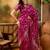 magenta banarasi jacquard saree with golden zari weaving & tassel pallu     unstitched blouse