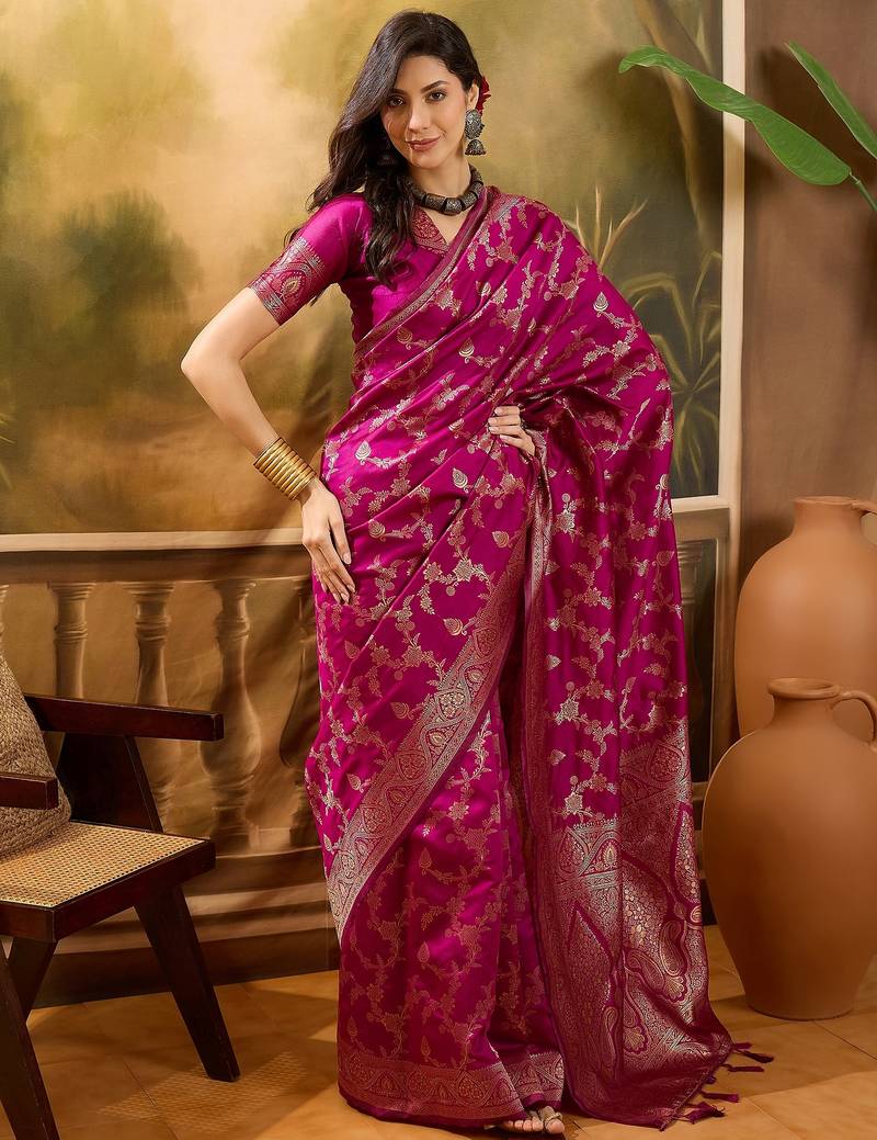 magenta banarasi jacquard saree with golden zari weaving & tassel pallu     unstitched blouse
