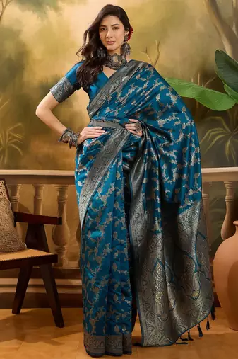 blue banarasi jacquard saree with golden zari weaving & tassel pallu     unstitched blouse