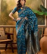 blue banarasi jacquard saree with golden zari weaving & tassel pallu     unstitched blouse