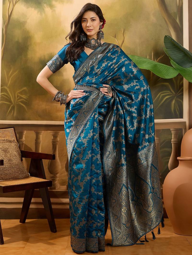blue banarasi jacquard saree with golden zari weaving & tassel pallu     unstitched blouse