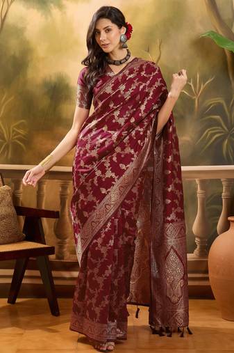 maroon banarasi jacquard saree with rich golden zari weaving & tassel pallu     unstitched blouse