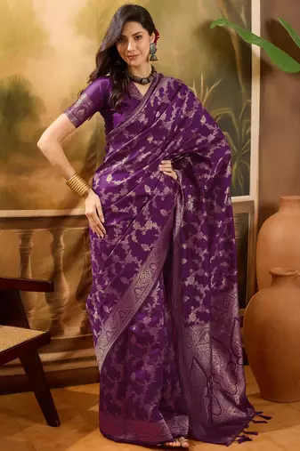 royal purple banarasi jacquard saree with rich zari weaving & tassel pallu     unstitched blouse