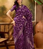 royal purple banarasi jacquard saree with rich zari weaving & tassel pallu     unstitched blouse