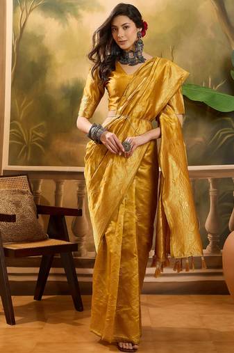 golden banarasi jacquard saree with rich zari weaving & tassel pallu     unstitched blouse