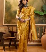 golden banarasi jacquard saree with rich zari weaving & tassel pallu     unstitched blouse