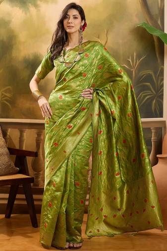 elegant green banarasi jacquard saree with zari weaving & mina detailing