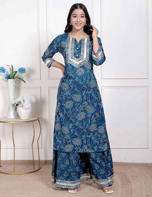   women's cotton floral printed v-neck  kurta with flared palazzo 1