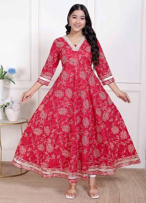   women's red jaipuri printed cotton ethnic anarkali kurta 1