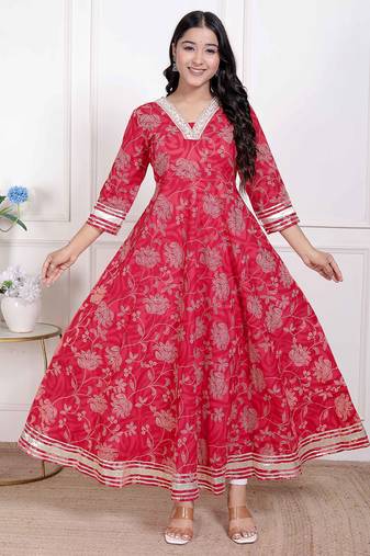 Miravan women's red jaipuri printed cotton ethnic anarkali kurta
