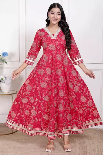 Miravan women's red jaipuri printed cotton ethnic anarkali kurta