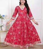 Miravan women's red jaipuri printed cotton ethnic anarkali kurta