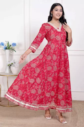   women's red jaipuri printed cotton ethnic anarkali kurta