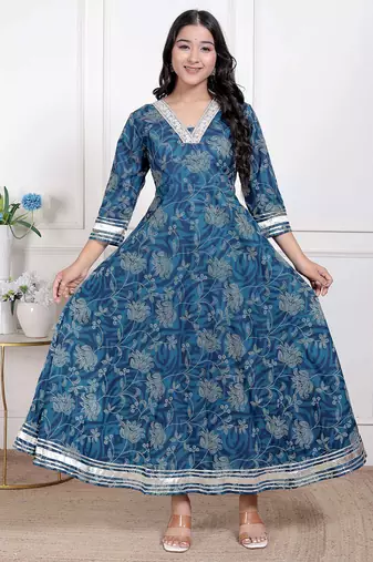 Miravan women's blue cotton embroidered neck anarkali kurta