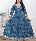 Miravan women's blue cotton embroidered neck anarkali kurta