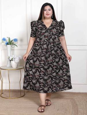   womens plus size multicolored pleated puff sleeve floral pure cotton butterfly maxi dress 1