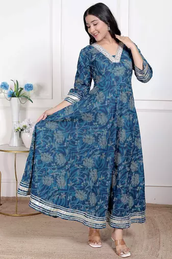   women's blue cotton embroidered neck anarkali kurta