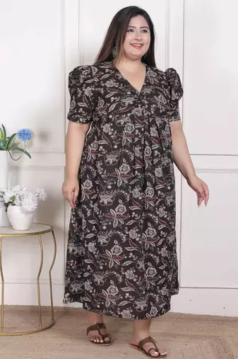   womens plus size multicolored pleated puff sleeve floral pure cotton butterfly maxi dress