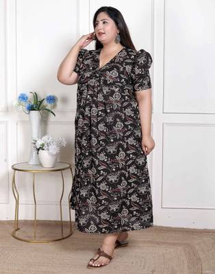   womens plus size multicolored pleated puff sleeve floral pure cotton butterfly maxi dress 3