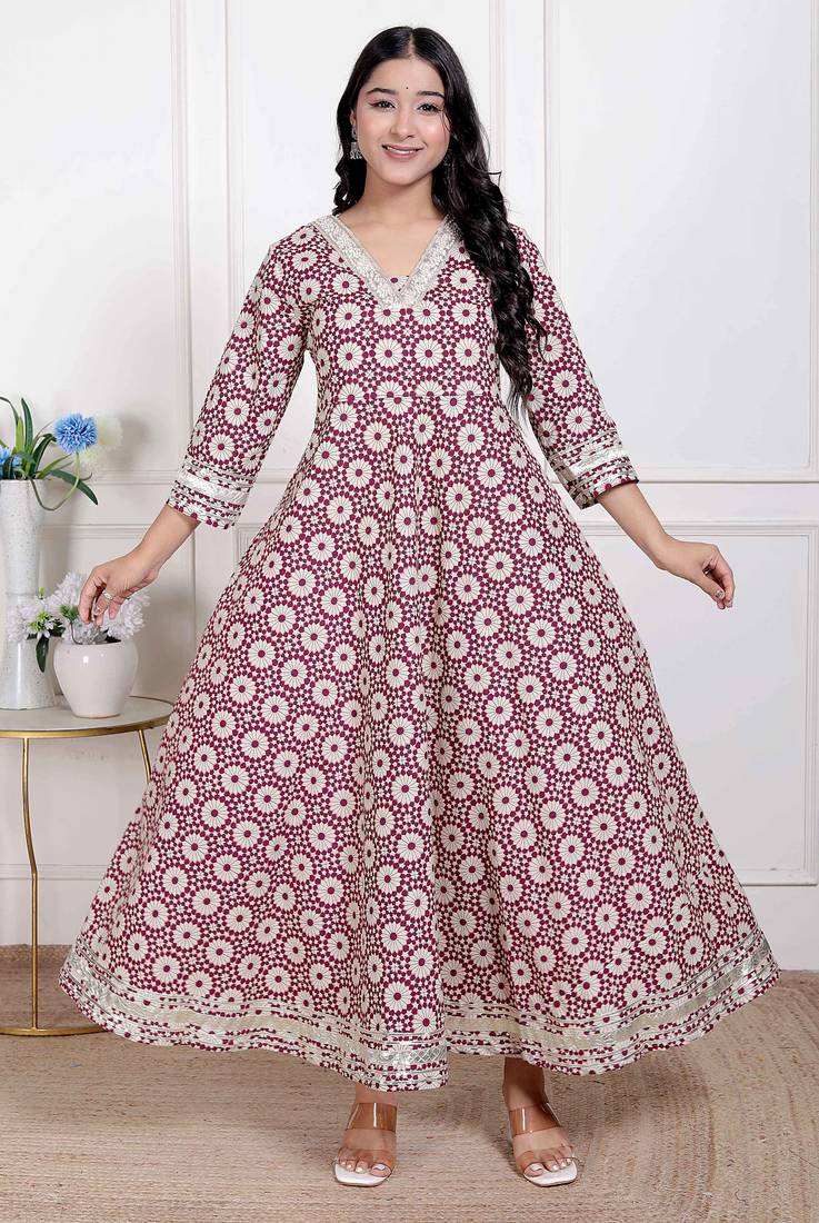 Miravan women's cream embroidered cotton  anarkali kurta 