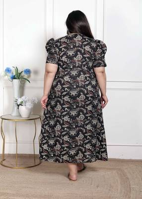   womens plus size multicolored pleated puff sleeve floral pure cotton butterfly maxi dress 4