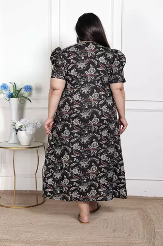   womens plus size multicolored pleated puff sleeve floral pure cotton butterfly maxi dress