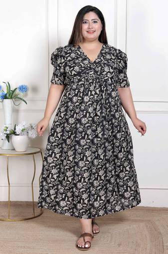 Miravan womens plus size pleated puff sleeve floral pure cotton black and white butterfly maxi dress