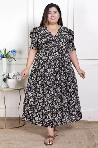 Miravan womens plus size pleated puff sleeve floral pure cotton black and white butterfly maxi dress
