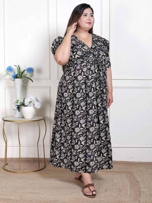   womens plus size pleated puff sleeve floral pure cotton black and white butterfly maxi dress 2