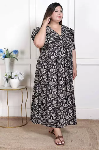   womens plus size pleated puff sleeve floral pure cotton black and white butterfly maxi dress