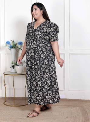   womens plus size pleated puff sleeve floral pure cotton black and white butterfly maxi dress 3