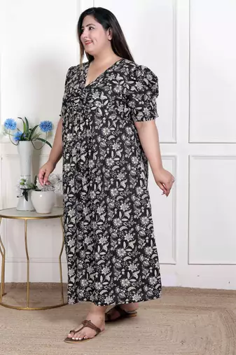  womens plus size pleated puff sleeve floral pure cotton black and white butterfly maxi dress