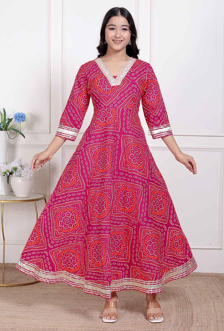 Miravan women's pink cotton bandhani ethnic anarkali kurta
