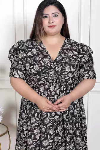   womens plus size pleated puff sleeve floral pure cotton black and white butterfly maxi dress