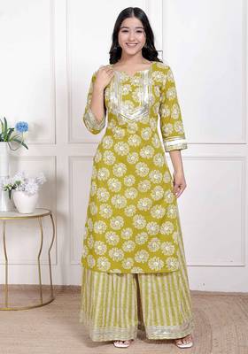   women's lime yellow block printed kurta with palazzo 1