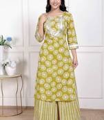 Miravan women's lime yellow block printed kurta with palazzo