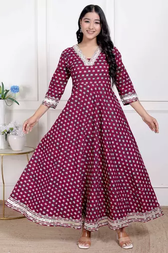 Miravan women maroon floral print soft cotton embroidered anarkali kurta