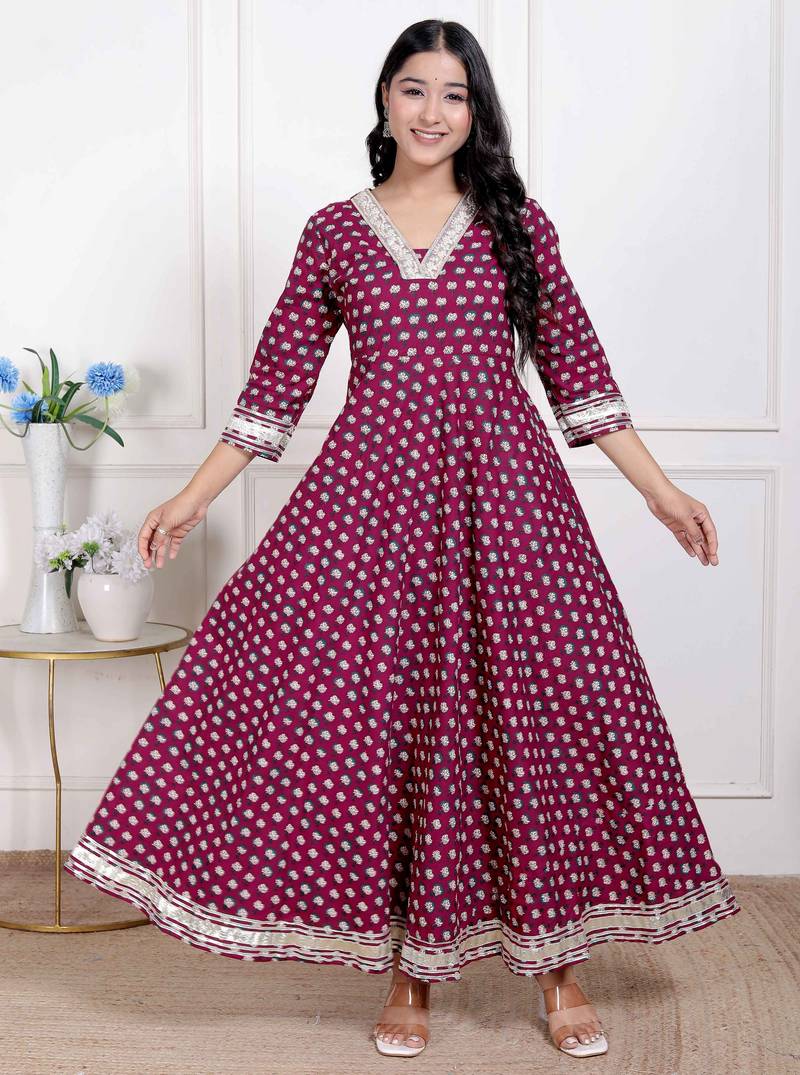 Miravan women maroon floral print soft cotton embroidered anarkali kurta
