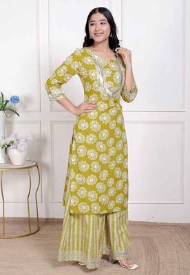   women's lime yellow block printed kurta with palazzo 2