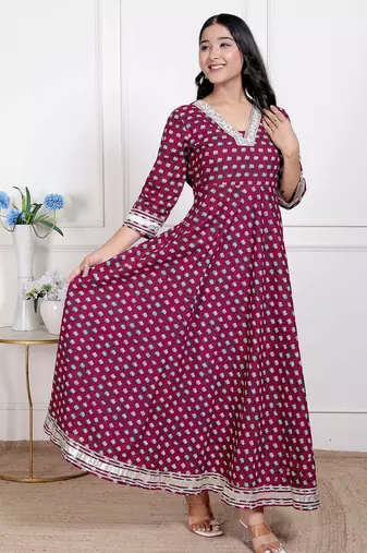   women maroon floral print soft cotton embroidered anarkali kurta
